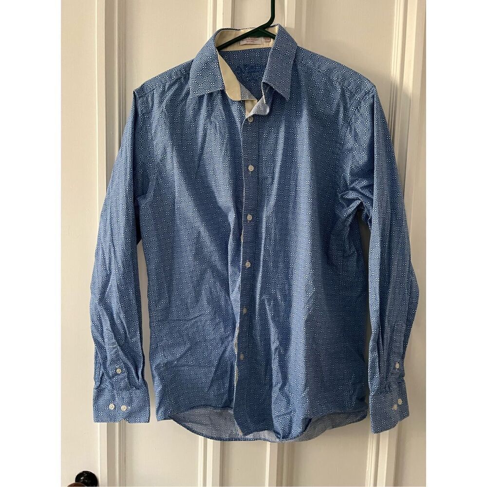 Platino men's blue and cream dotted long sleeve button down shirt M